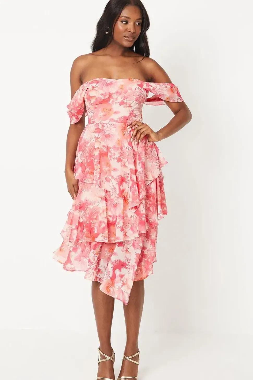 Printed Bardot Georgette Midi Dress