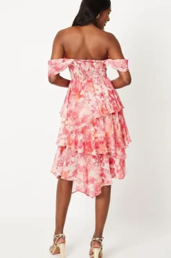 Printed Bardot Georgette Midi Dress