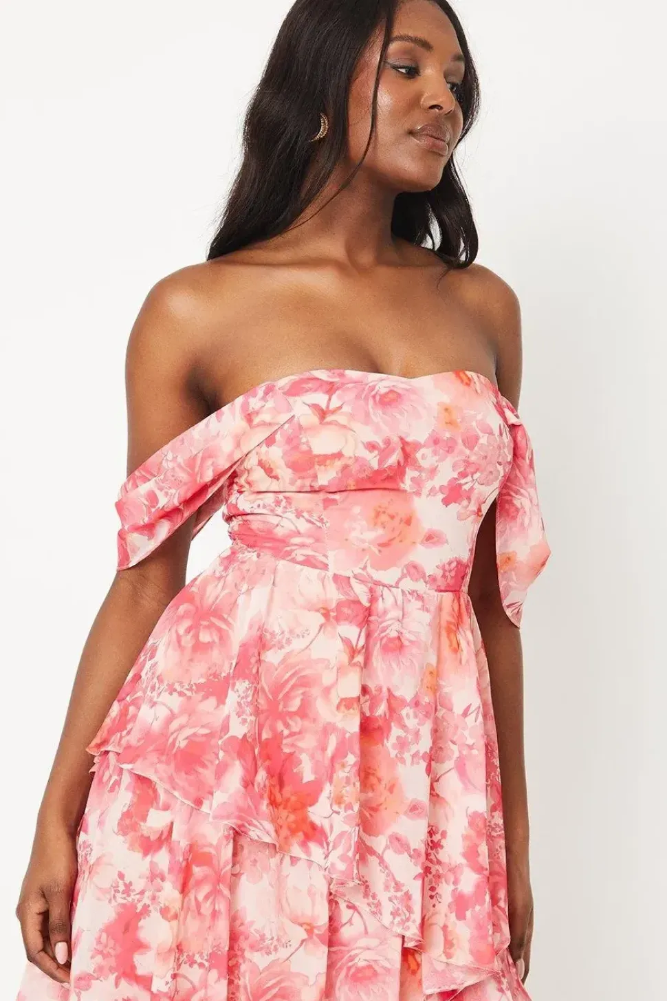 Printed Bardot Georgette Midi Dress