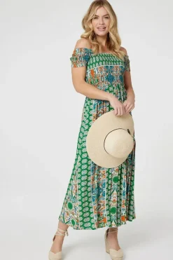 Printed Bardot Smocked Maxi Dress