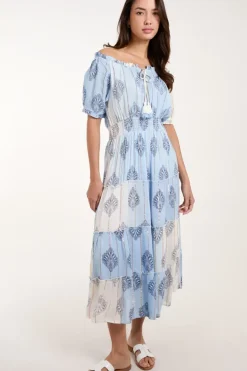 Printed Bardot Tassel Midi Dress