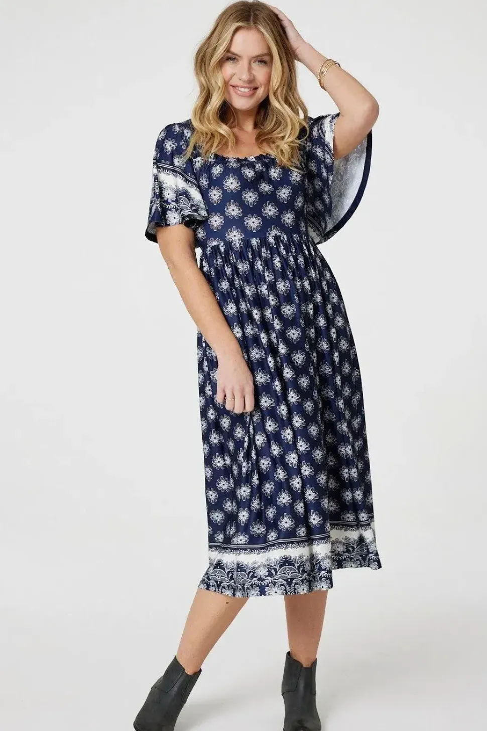 Printed 1/2 Batwing Sleeve Midi Dress