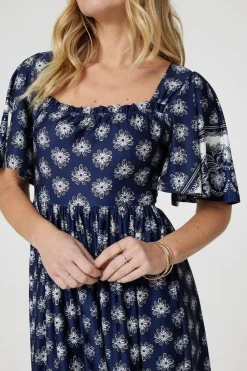 Printed 1/2 Batwing Sleeve Midi Dress