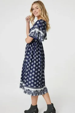 Printed 1/2 Batwing Sleeve Midi Dress