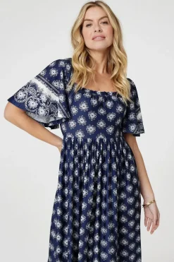 Printed 1/2 Batwing Sleeve Midi Dress
