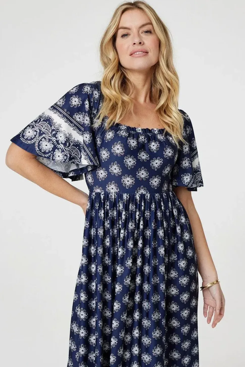 Printed 1/2 Batwing Sleeve Midi Dress