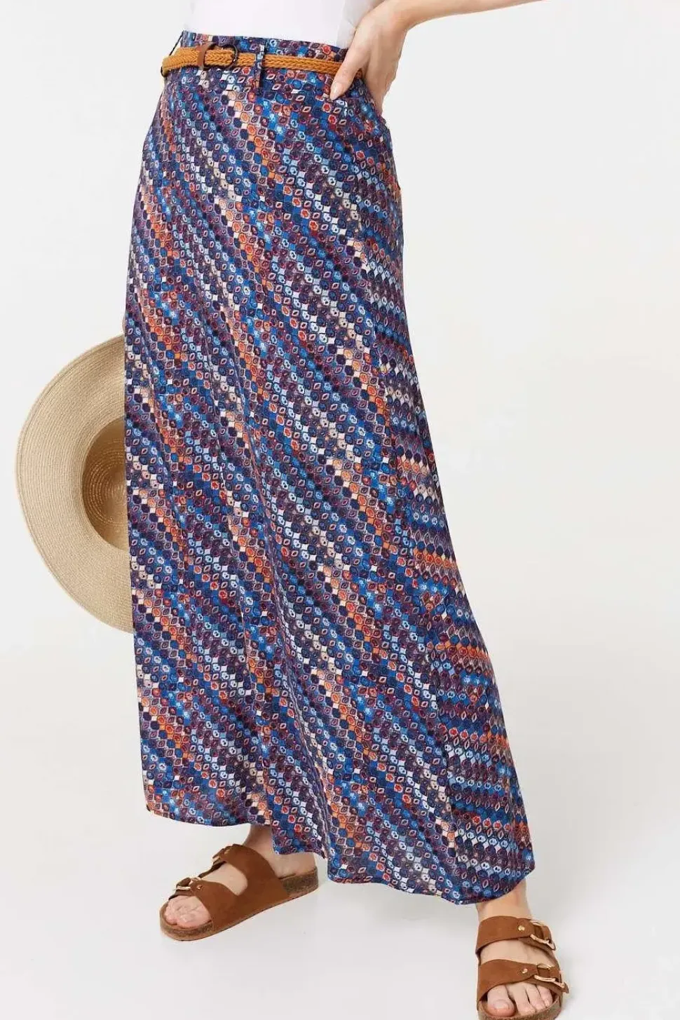 Printed Belt Detail Maxi Skirt