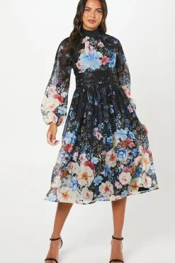 Printed Blouson Sleeve Organza Midi Dress