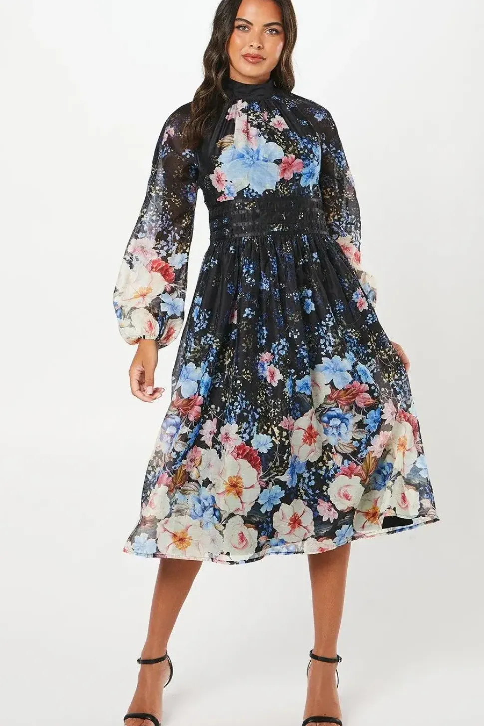 Printed Blouson Sleeve Organza Midi Dress