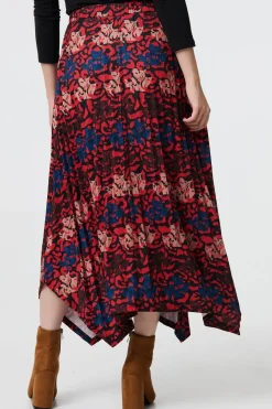 Printed Box Pleat Hanky Hem Midi Skirt