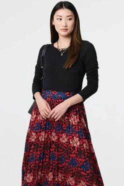 Printed Box Pleat Hanky Hem Midi Skirt