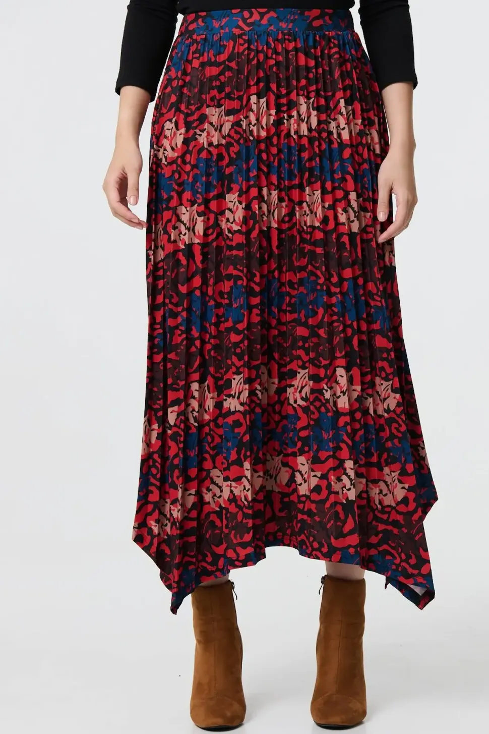 Printed Box Pleat Hanky Hem Midi Skirt