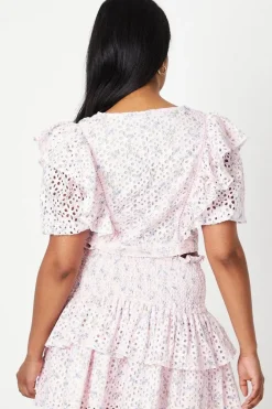 Printed Broderie Lace Trim Ruffle Wrap Top