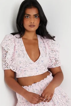 Printed Broderie Lace Trim Ruffle Wrap Top