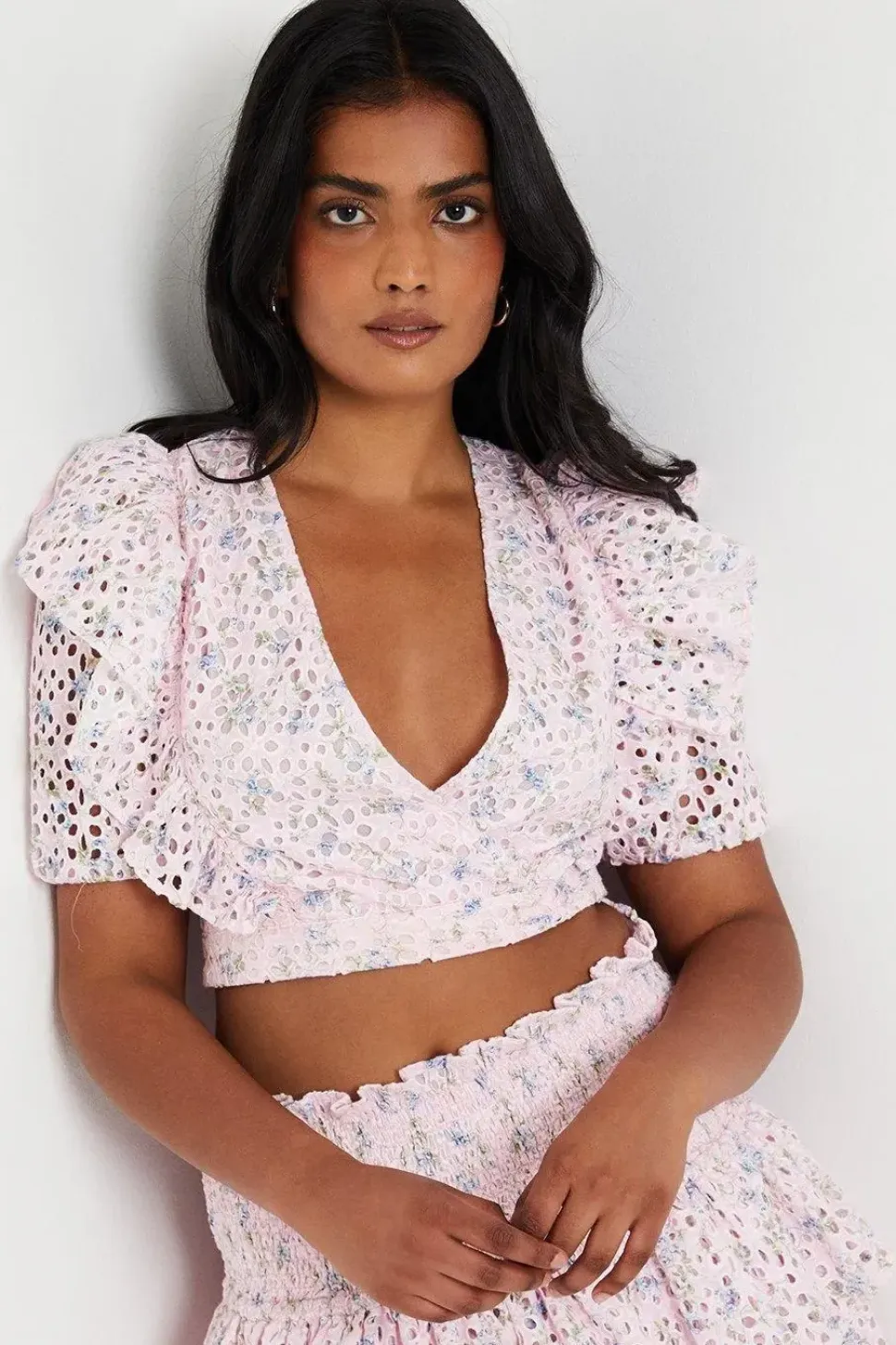 Printed Broderie Lace Trim Ruffle Wrap Top