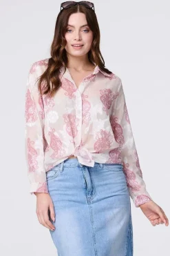 Printed Button Down Tie Front Shirt