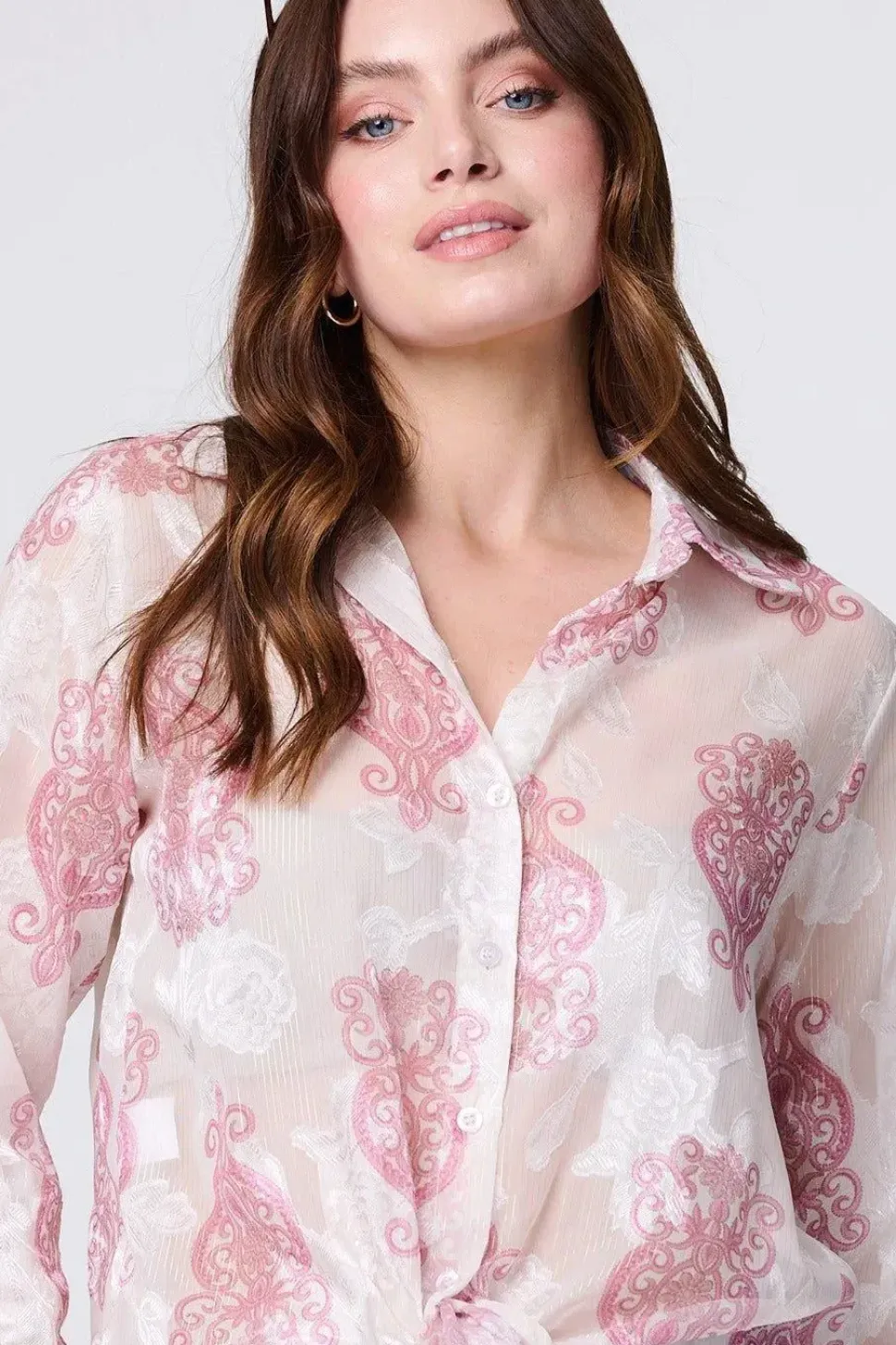 Printed Button Down Tie Front Shirt
