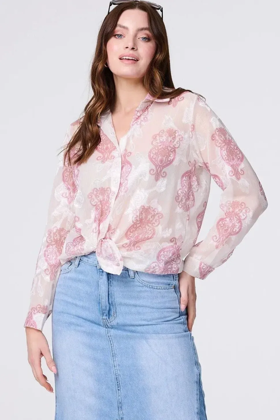 Printed Button Down Tie Front Shirt