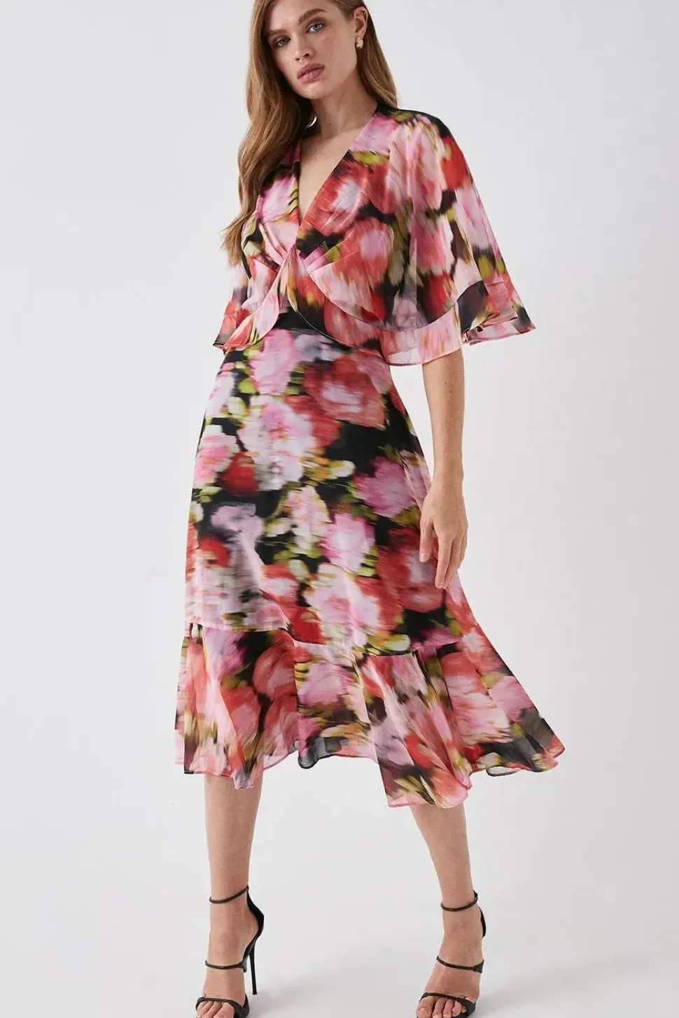 Printed Cape Ruffle Detail Midi Dress