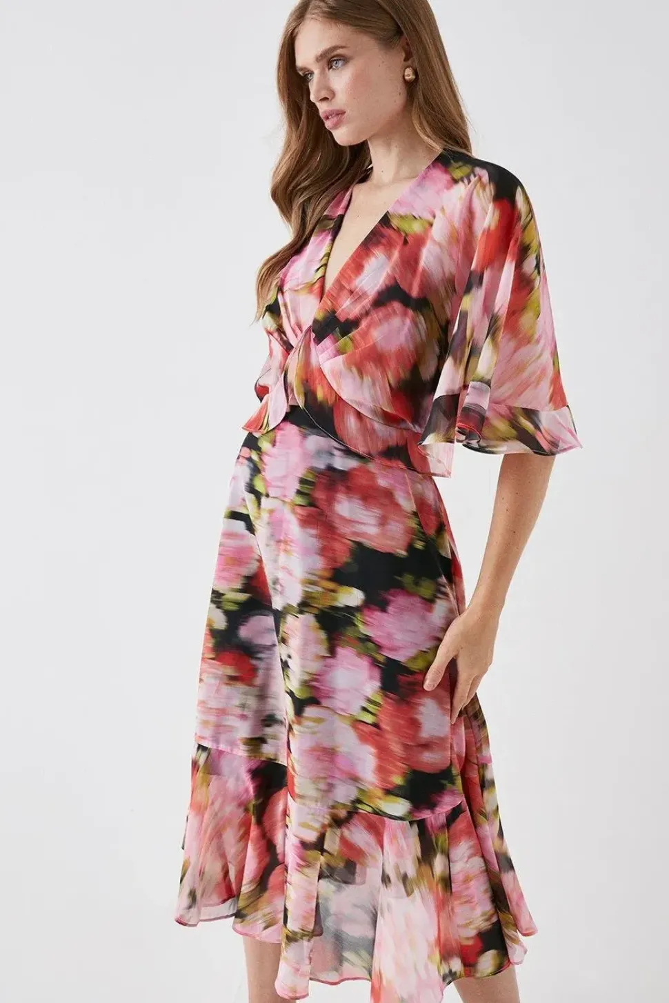 Printed Cape Ruffle Detail Midi Dress