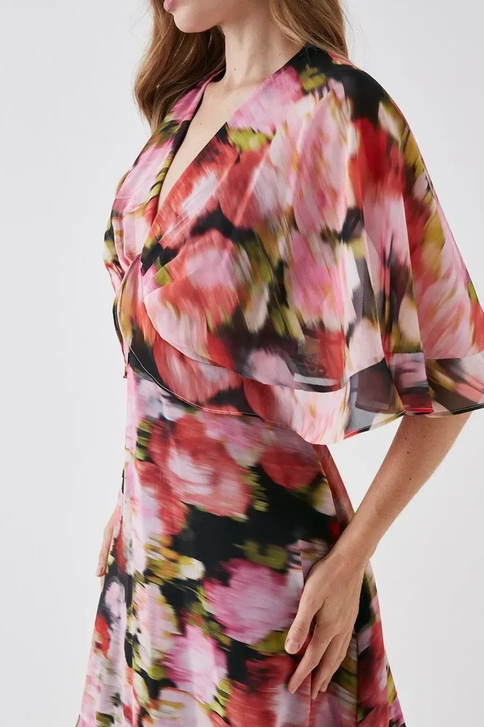 Printed Cape Ruffle Detail Midi Dress