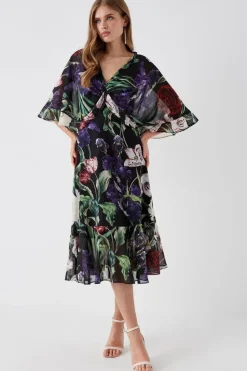 Printed Cape Ruffle Detail Midi Dress