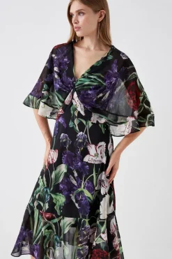 Printed Cape Ruffle Detail Midi Dress