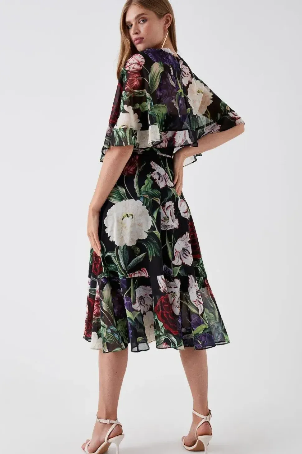 Printed Cape Ruffle Detail Midi Dress
