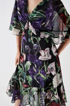 Printed Cape Ruffle Detail Midi Dress