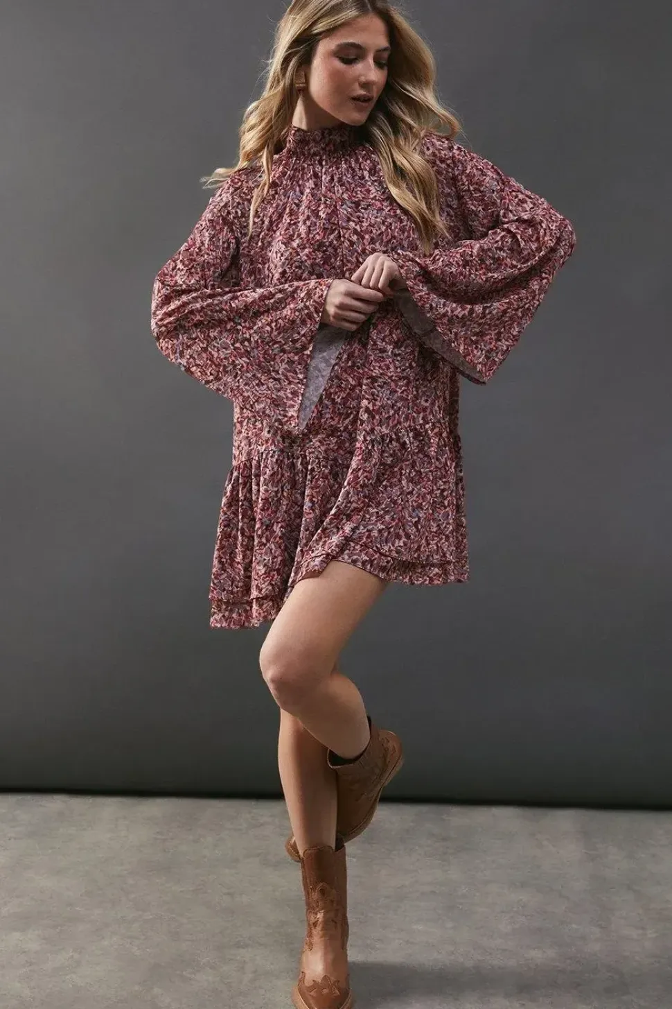 Printed Chiffon Drop Hem High Neck Flare Sleeve Mini Swing Dress
