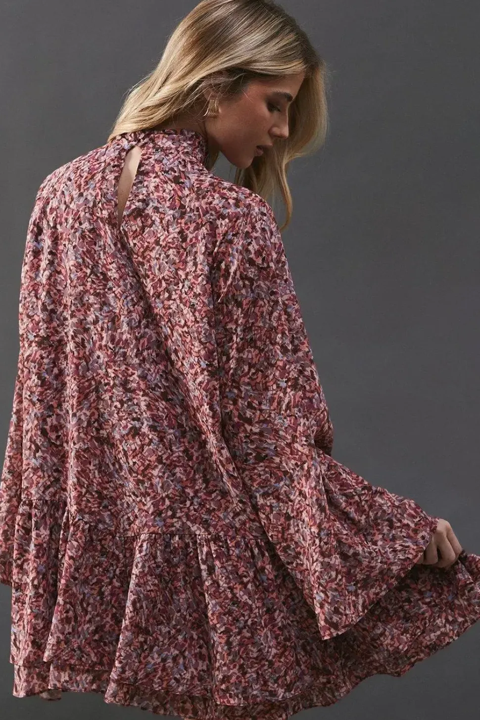 Printed Chiffon Drop Hem High Neck Flare Sleeve Mini Swing Dress