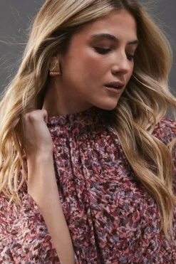 Printed Chiffon Drop Hem High Neck Flare Sleeve Mini Swing Dress