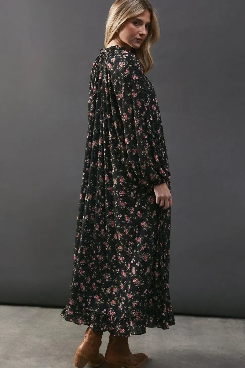 Printed Chiffon Gathered Neck Trapeze Midi Dress