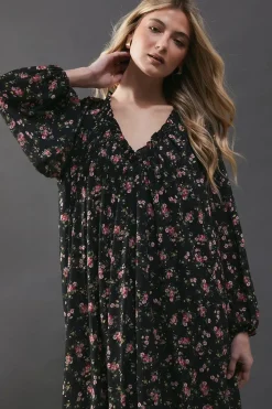 Printed Chiffon Gathered Neck Trapeze Midi Dress