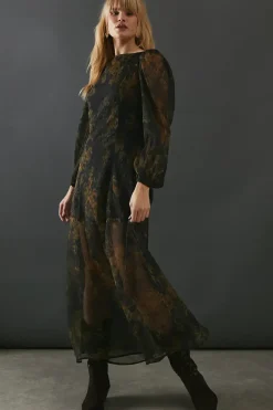 Printed Chiffon Long Sleeve Maxi Dress