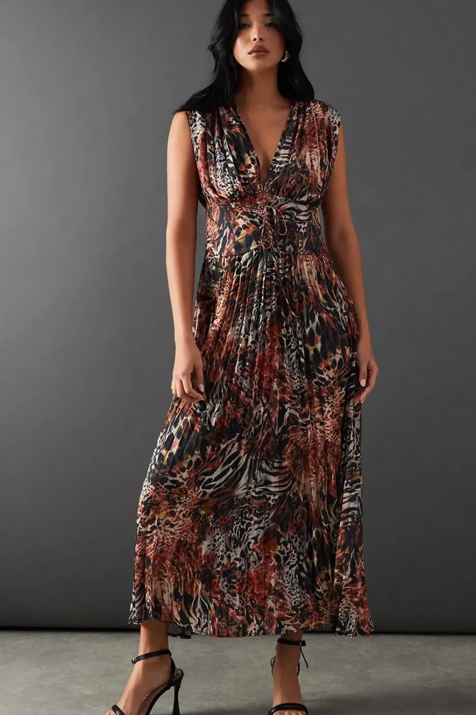 Printed Chiffon Pleated Plunge Neck Lattice Front Midi Dress