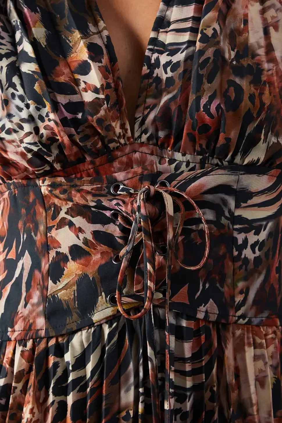 Printed Chiffon Pleated Plunge Neck Lattice Front Midi Dress