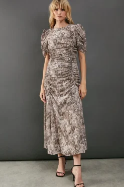 Printed Chiffon Puff Sleeve Seam Detail Midi Dress
