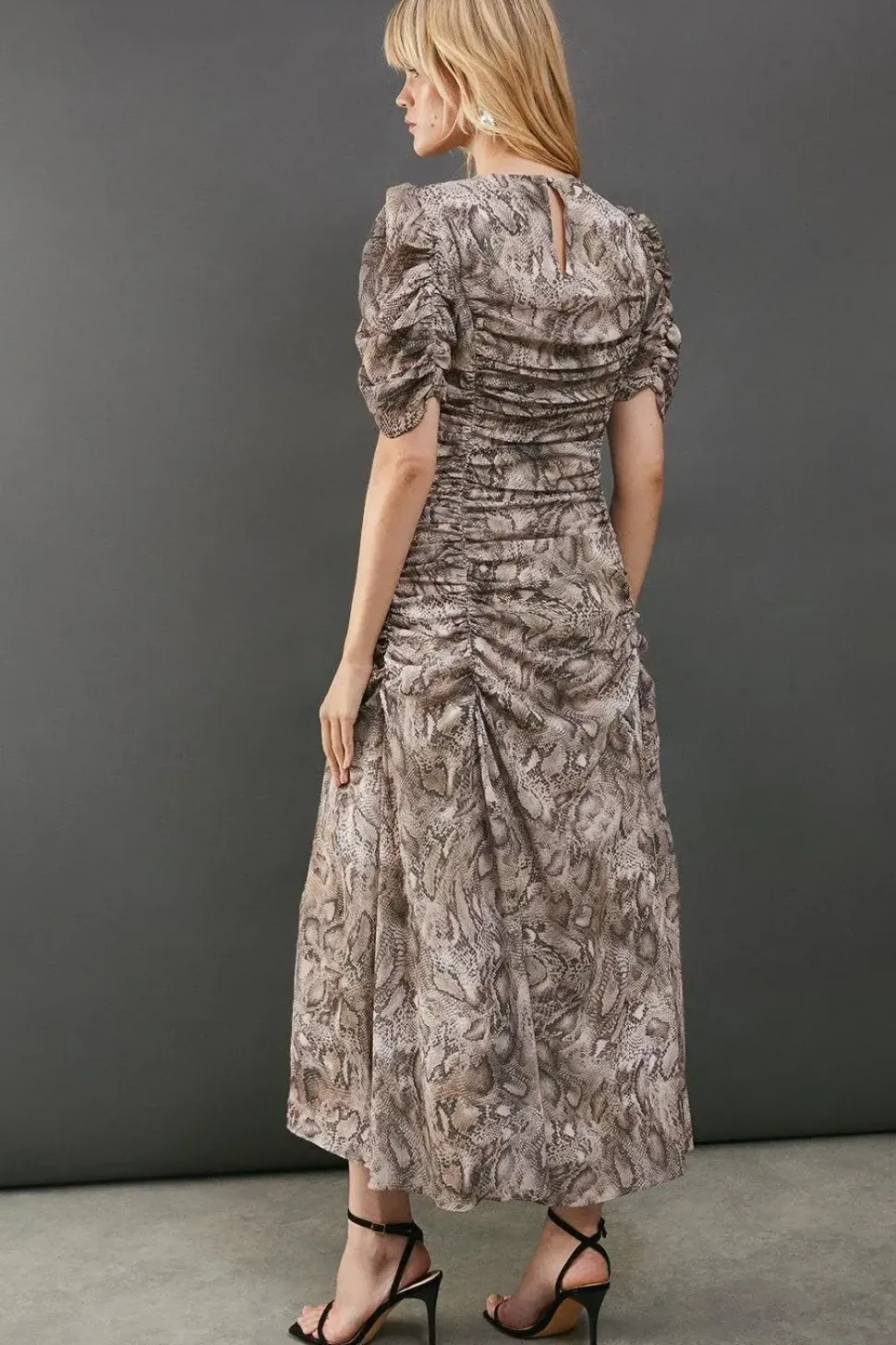 Printed Chiffon Puff Sleeve Seam Detail Midi Dress