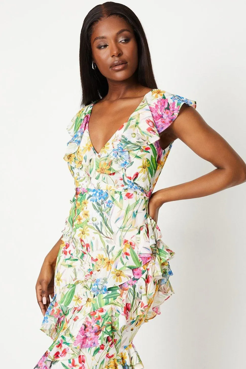 Printed Chiffon Ruffle Maxi Dress