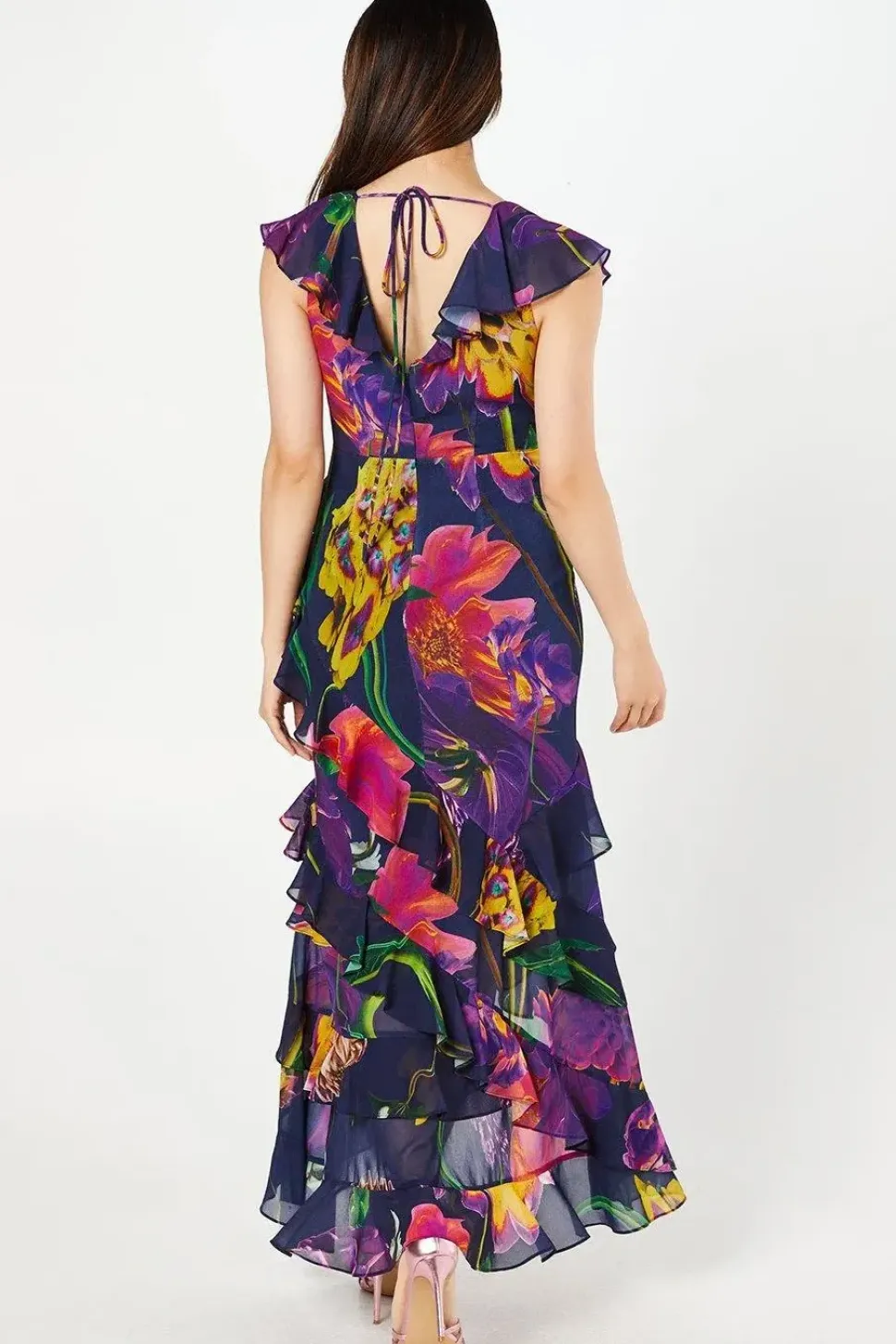 Printed Chiffon Ruffle Maxi Wedding Guest Dress