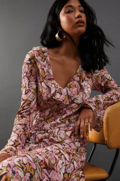 Printed Chiffon Ruffle Seam V Neck Midi Dress
