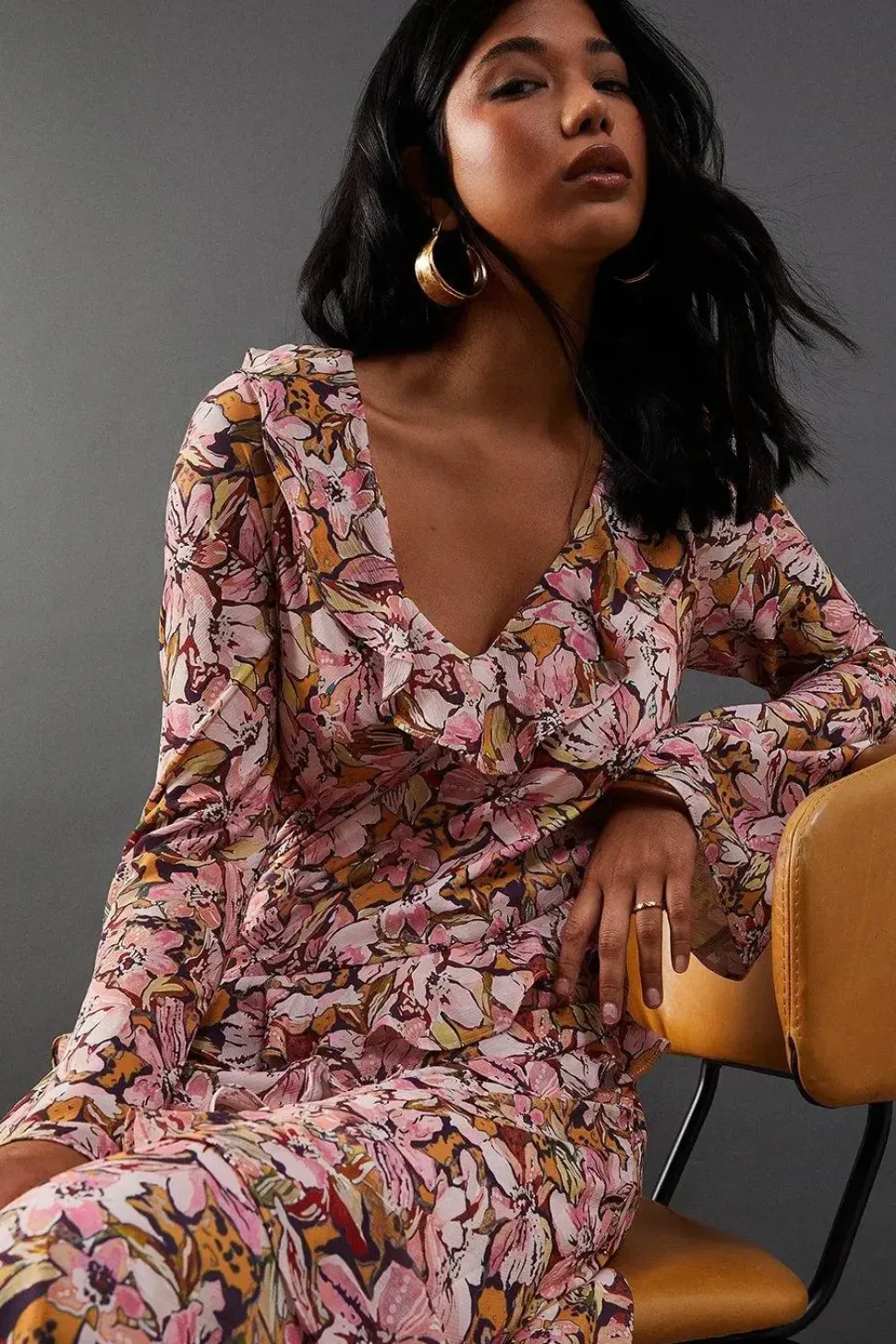 Printed Chiffon Ruffle Seam V Neck Midi Dress