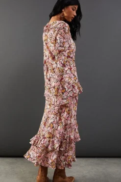Printed Chiffon Ruffle Seam V Neck Midi Dress