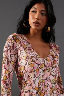 Printed Chiffon Ruffle Seam V Neck Midi Dress