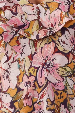 Printed Chiffon Ruffle Seam V Neck Midi Dress