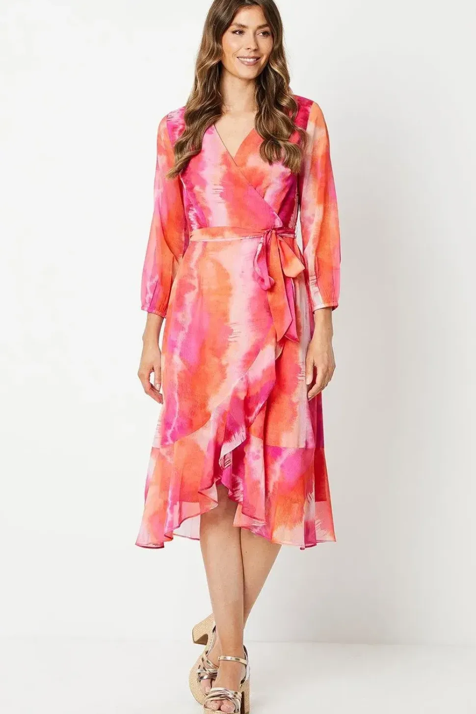 Printed Chiffon Ruffle Wrap Midi Dress