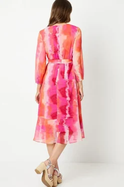 Printed Chiffon Ruffle Wrap Midi Dress