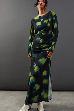 Printed Chiffon Slash Neck Batwing Column Maxi Dress