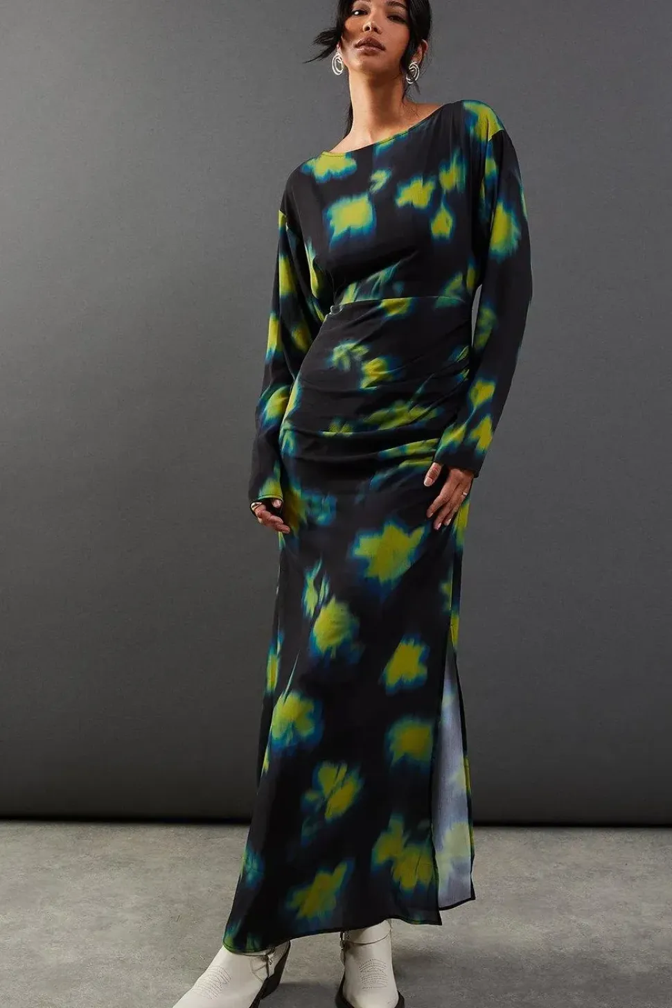 Printed Chiffon Slash Neck Batwing Column Maxi Dress